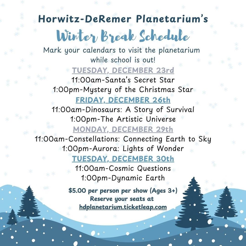 In less than a month, kiddos will be home for winter break!  Check out our schedule and mark your calendars for some great shows to add to your "winter break bucket list"  We'd love to see you under the stars!  #wherethestarshangout 