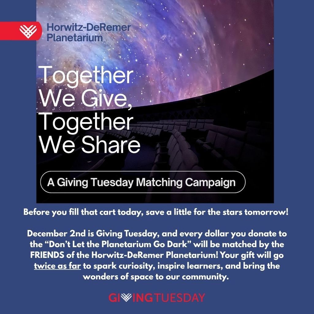 ⏰ We’re almost there! Tomorrow is #GivingTuesday — your chance to help us upgrade our planetarium system and keep wonder alive for years to come. Together, we can make the stars shine brighter for everyone. 💫 #WhereTheStarsHangOut