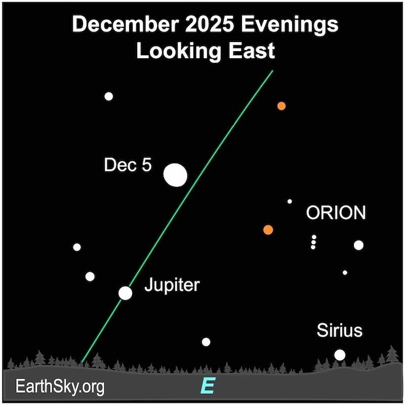 Tonight, there's a lot to see in the eastern sky (weather permitting!)  The waning gibbous moon will shine near Jupiter and the bright constellation Orion the Hunter. Jupiter will be near the twin stars of Gemini, Castor and Pollux. And the brightest star in the sky, Sirius, will be nearby. They’ll be spectacular and visible through dawn! SOURCE: Earthsky.org