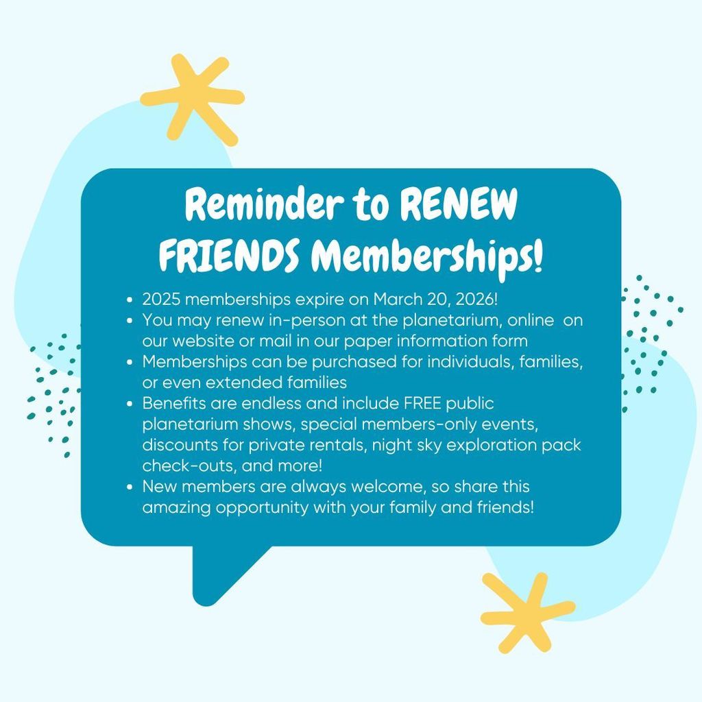 FYI! 2025 Annual FRIENDS memberships expire in 30 days! We hope you will renew for another year of exploration and fun. And, consider sharing this opportunity with your space-loving family & friends! #wherethestarshangout