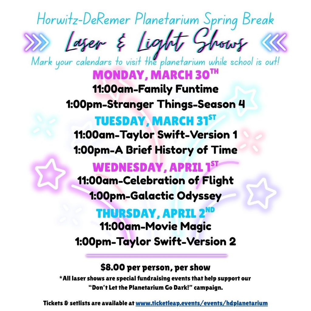 In ONE WEEK, many area schools will be on spring break. Do you have your spring break bucket list planned?  If not, let the Horwitz-DeRemer Planetarium help! From March 30-April 2, we'll have FIVE different laser shows offered daily, day and evening!  Check out our schedule and secure your tickets for only $8/person. Set lists and show details can be found on our website! #wherethestarshangout