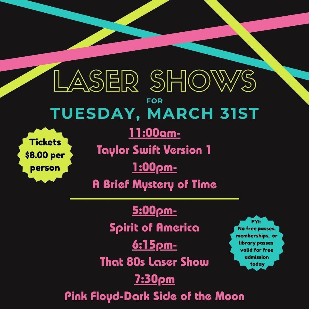 Happy Tuesday, everyone!  We have another great lineup today, and really for the rest of this week!  Tickets are $8.00/person/show.  All purchases benefit our planetarium system upgrade ""Don't Let the Planetarium Go Dark!""  Hope to see you soon! #wherethestarshangout 