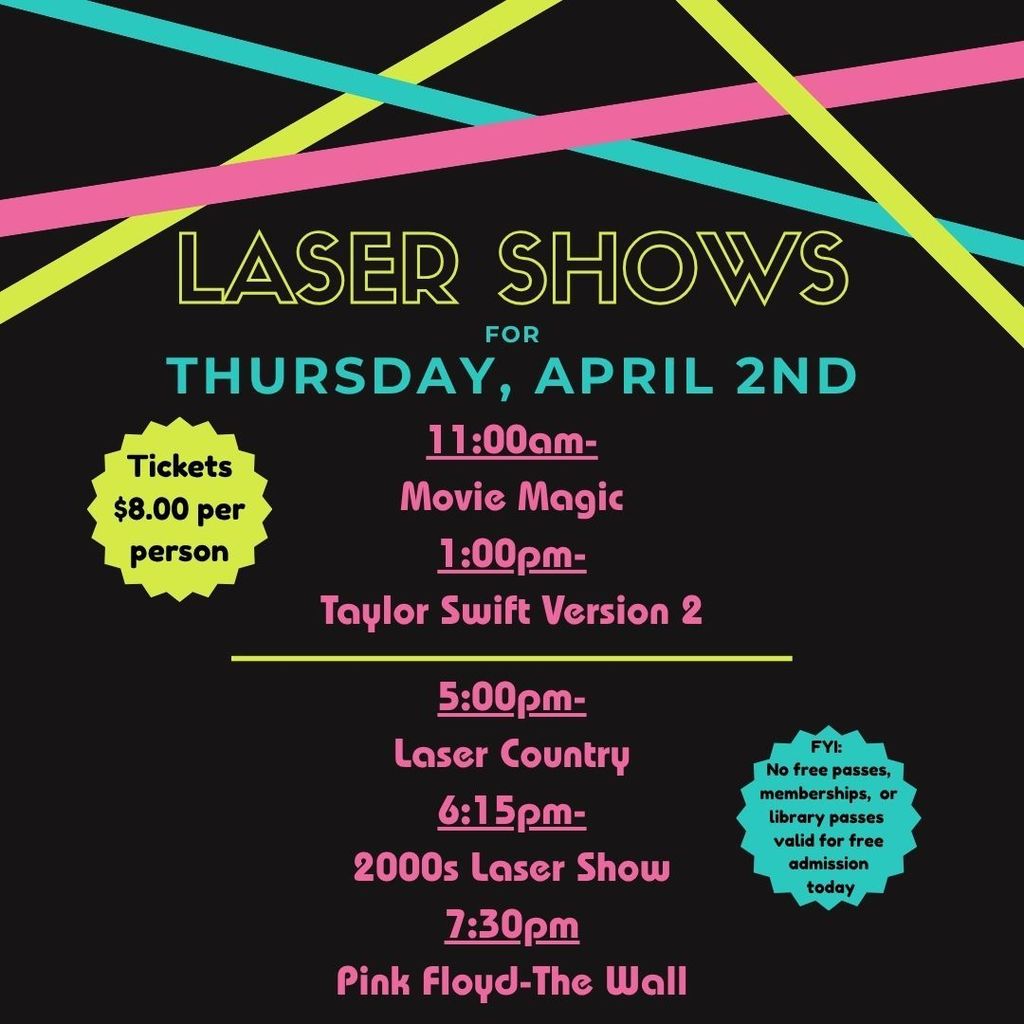 📣PLEASE NOTE📣 The Horwitz-DeRemer Planetarium & Retzer Nature Center will have very LIMITED access to internet today (and possible phone service). Regardless, we will be running all laser shows as scheduled. We hope you were able to join us this week for our spring break laser show schedule! Today is our last day of shows. Please let us know how you enjoyed your laser show experience! Can't make it to the planetarium today...don't fret! We'll have TWO traditional planetarium shows on Saturday! #wherethestarshangout