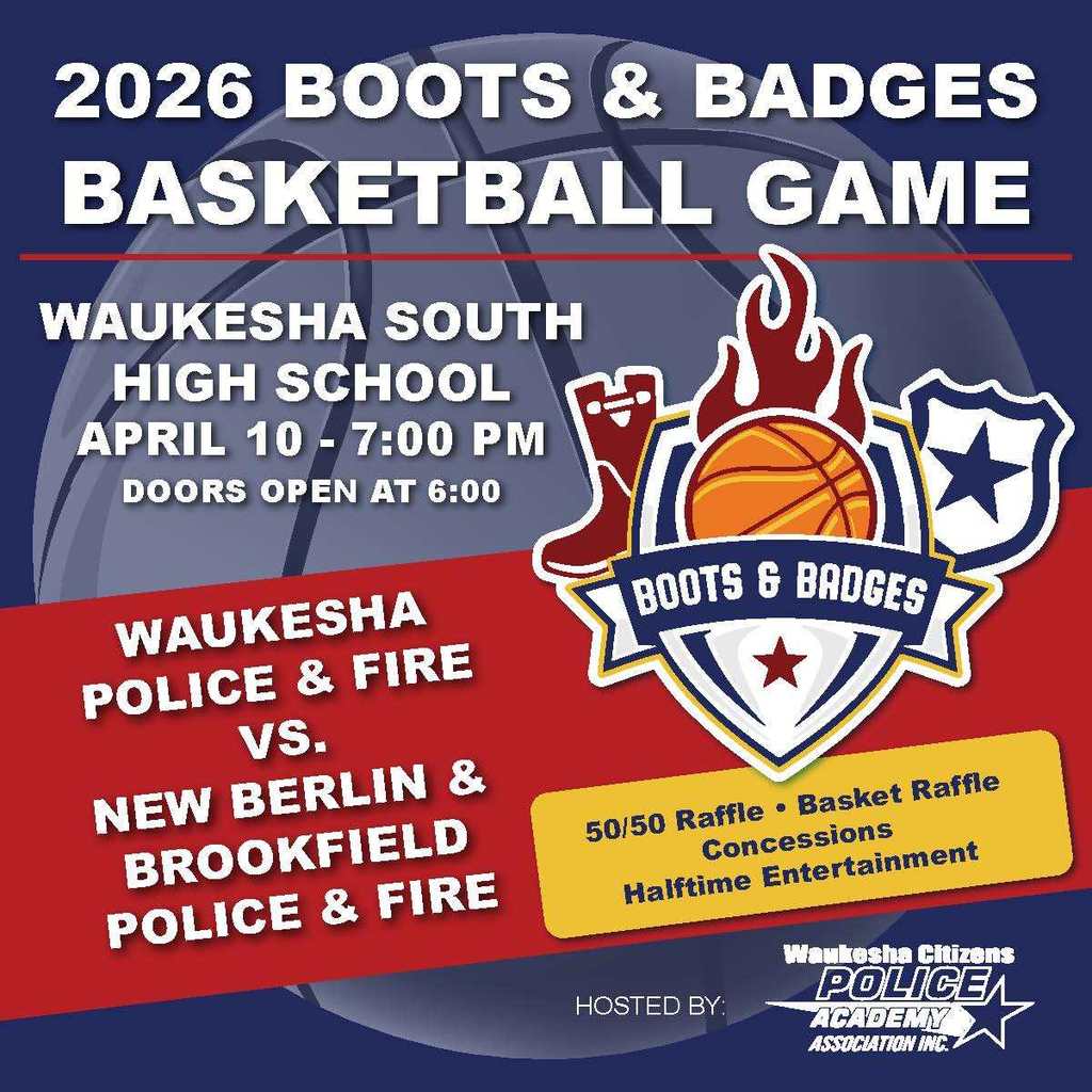 Poster for a basketball game on April 10, 2026. Teams are Waukesha South Police & Fire versus New Berlin & Brookfield Police & Fire.
