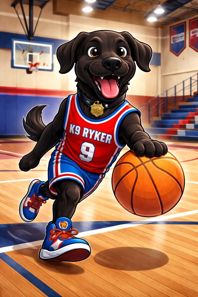 Black dog wearing a basketball jersey with "K9 Ryker 9" running on a basketball court with South HS Cheer