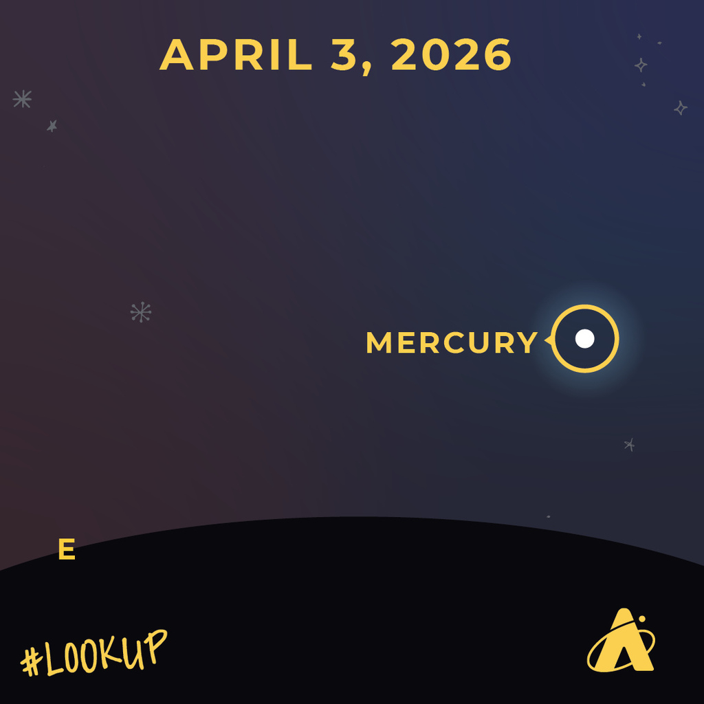 A dark blue sky with stars. The words "April 3, 2026" and "Mercury" are shown. A yellow logo and #LOOKUP appear.