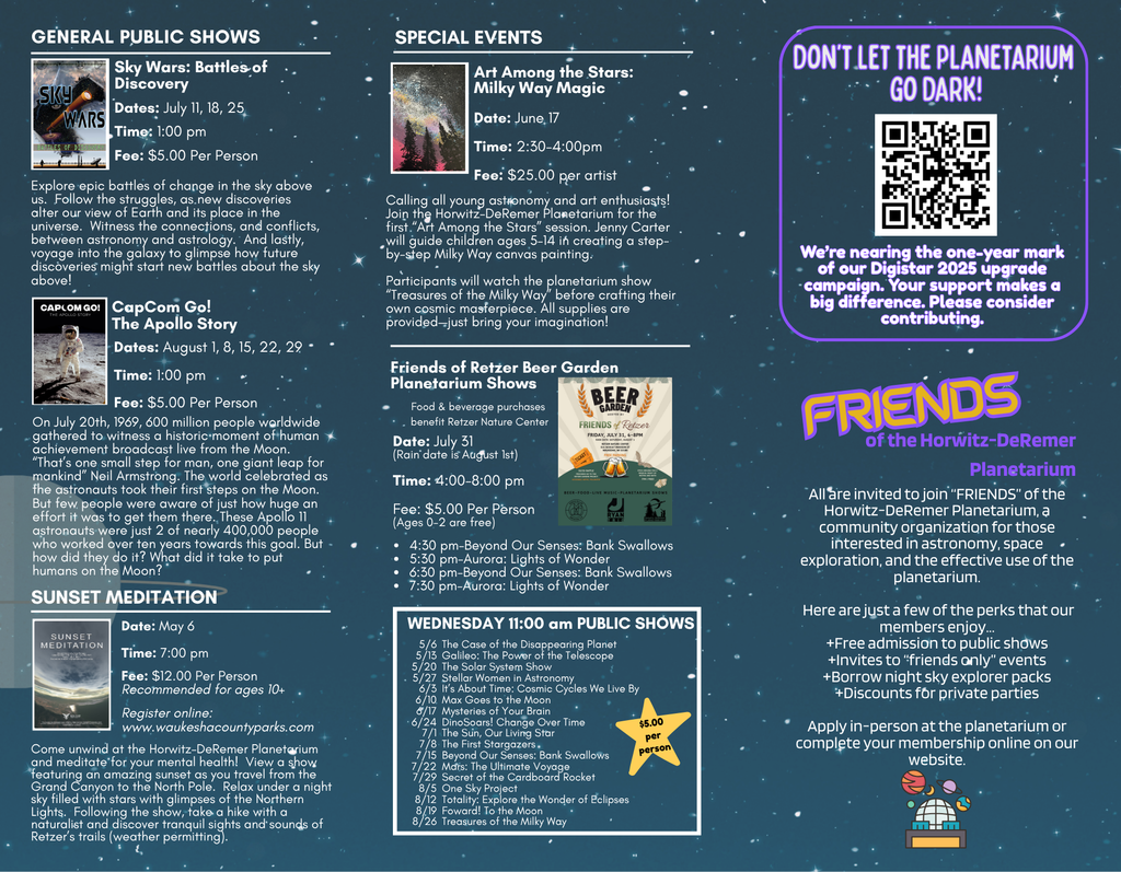 A dark blue background with white text and images, advertising various events for public shows, special events, and membership drives.