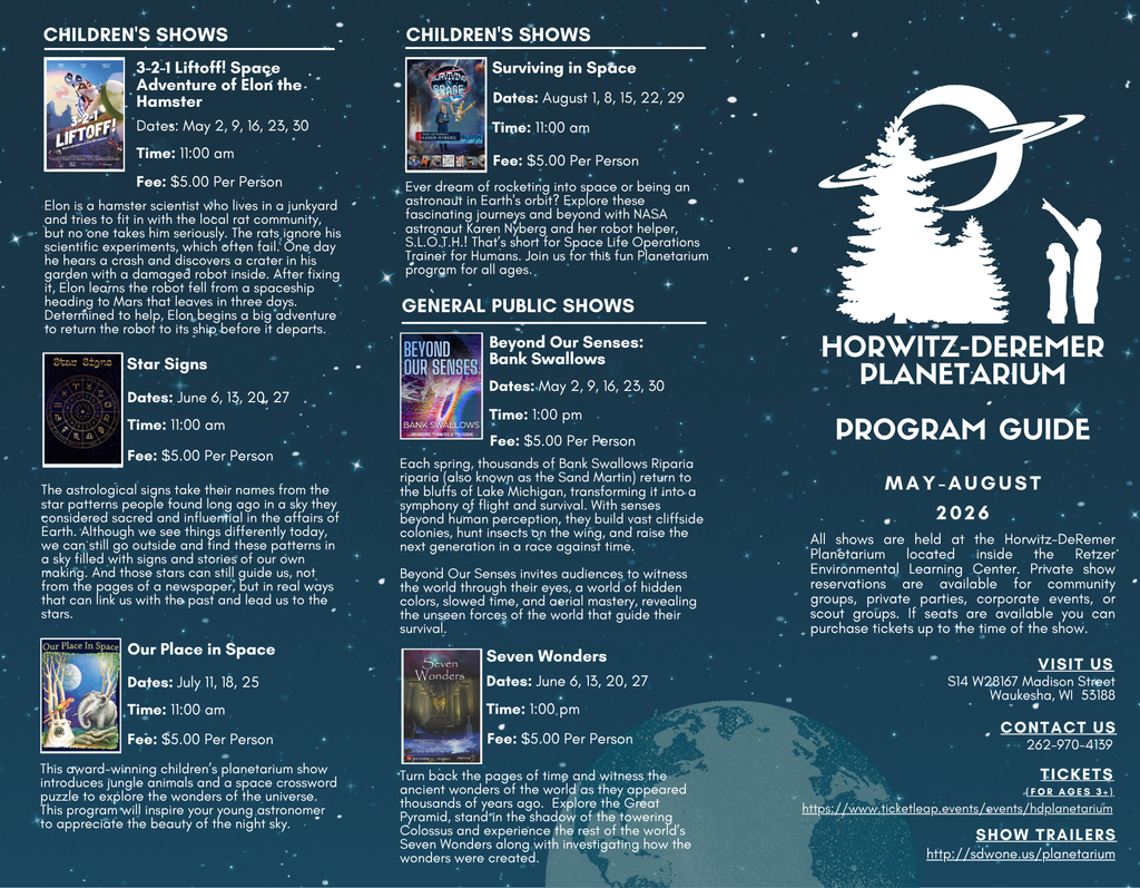 Program guide for Horwitz-Derer Planetarium shows. Events include "Horwitz-Derer Planetarium Program Guide," "Adventures of the Remaster," and "Beyond Our Senses."