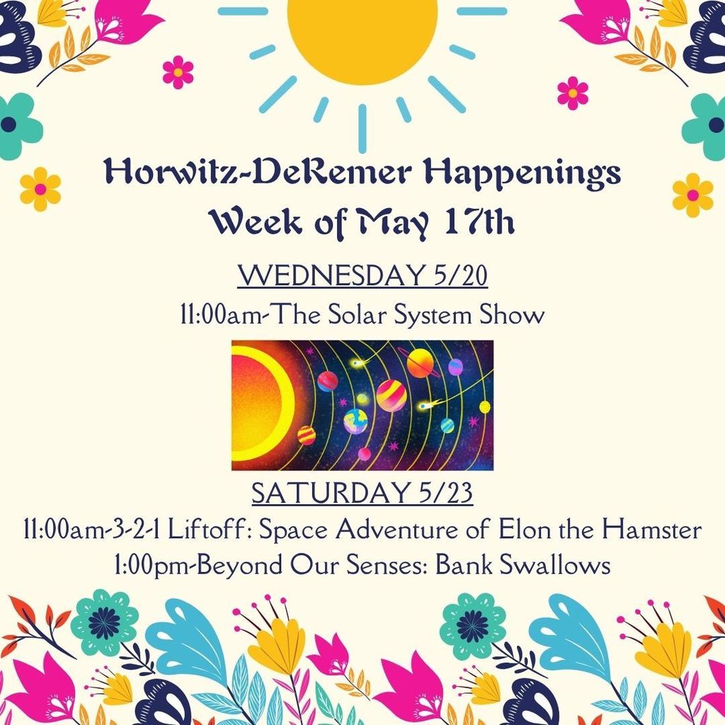 Event poster shows dates, times, and titles of activities. Dates are May 17th, 20th, and 23rd.