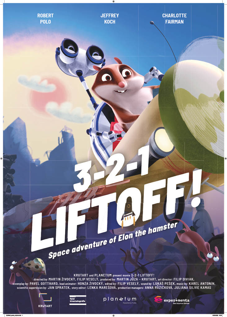 A movie poster with an animated squirrel, rocket, and planet background. Title reads "3-2-1 LIFTOFF!" and text below says "Space adventure of Elon the hamster".