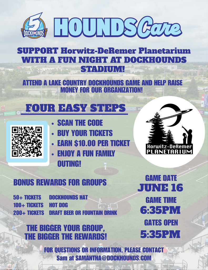 Event flyer for Horwitz-DeRemer Planetarium with a baseball stadium in the background. Four steps for ticket purchase. Bonus rewards for groups.