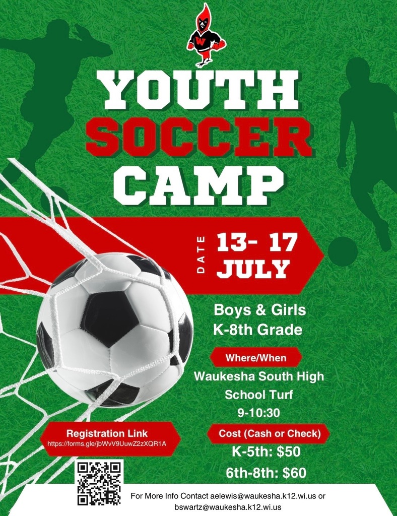 A poster advertises a Youth Soccer Camp for boys and girls, grades K-8, on July 13-17. It shows a soccer ball in a net.