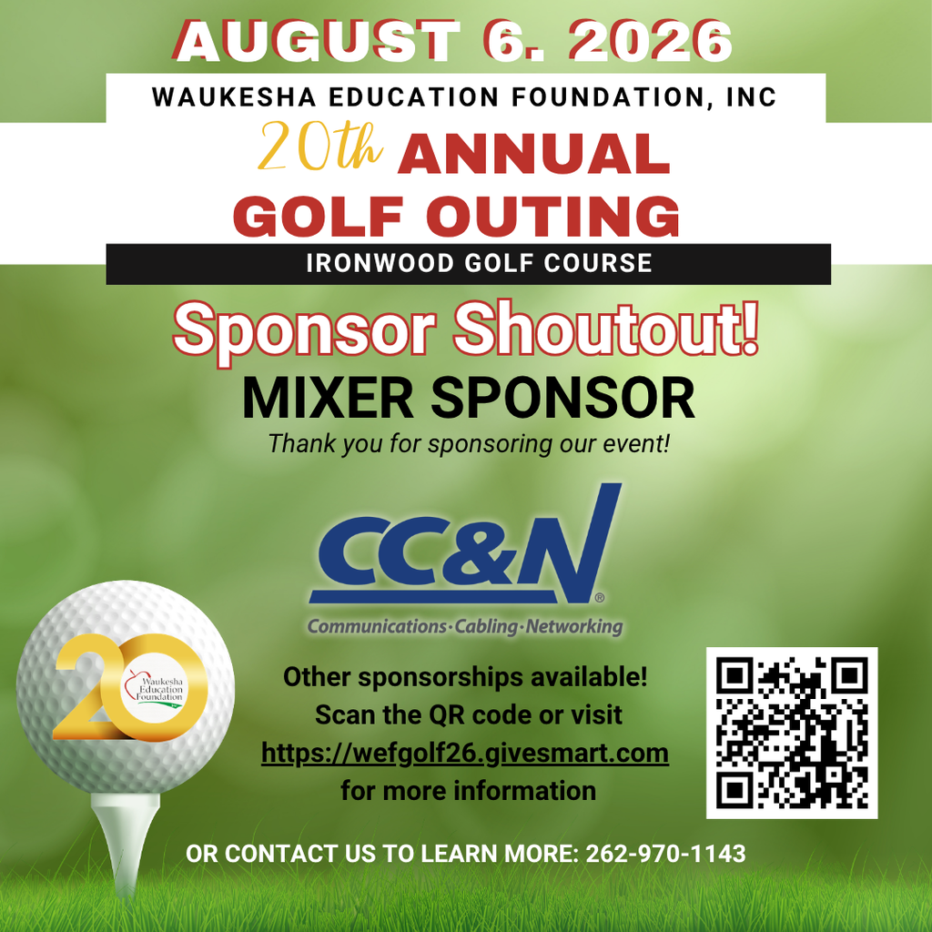 Golf ball on green grass. Event poster for 20th annual golf outing. QR code and phone number provided.