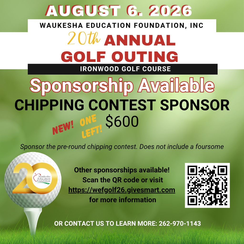 Poster advertising 20th Annual Golf Outing on August 6, 2026, at Ironwood Golf Course. Includes chipping contest sponsorship, QR code for more information.