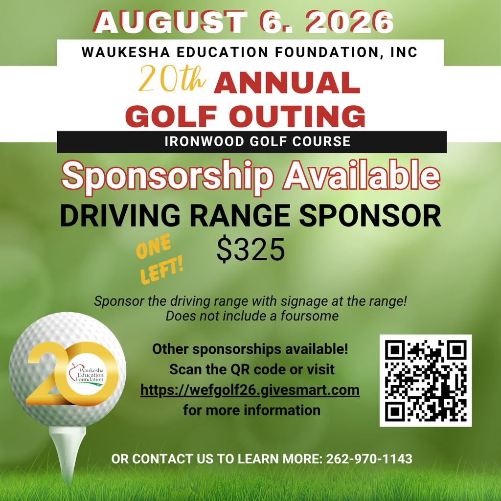 A golf outing flyer with a golf ball, a green background, and a QR code. It mentions the 20th Annual Golf Outing on August 6, 2026.