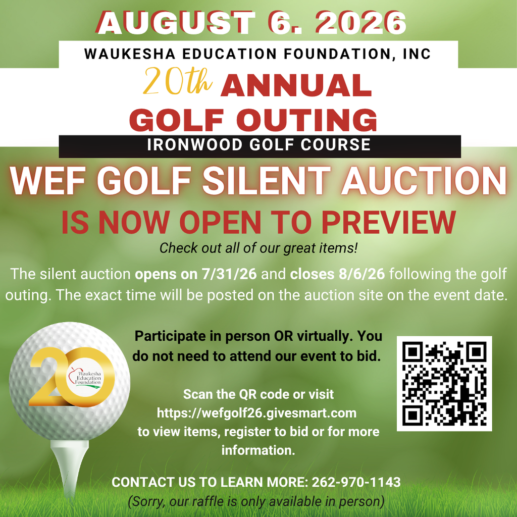 An event flyer for the 20th annual Waukesha Education Foundation golf outing and silent auction.