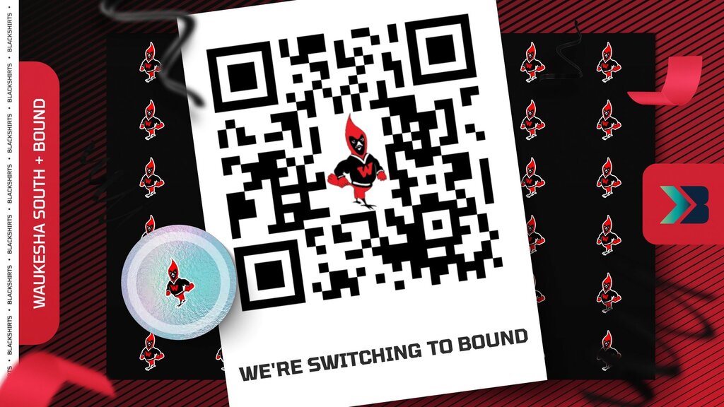 QR code on white paper with red bird logo, on black background with red accents. "We're Switching to Bound" text.