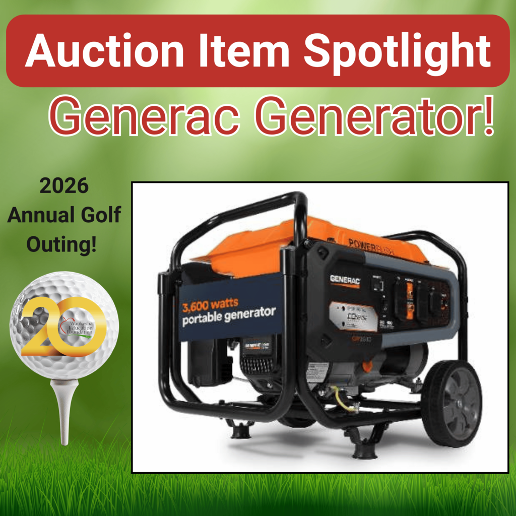 Highlighting a Generac generator, with an orange and black design. Below, a white golf ball on a tee.