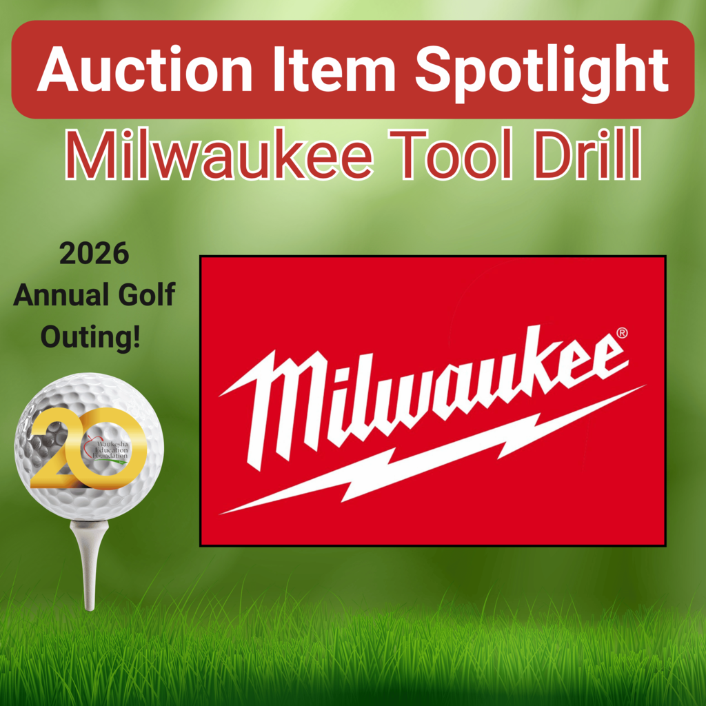 Advertisement for a golf outing, featuring a Milwaukee Tool Drill, a golf ball, and a green grass background.