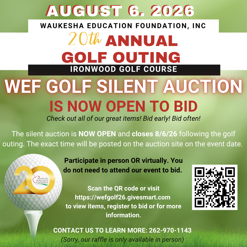 Golf outing invitation for August 6, 2026. Features a golf ball on a tee and QR code for auction details.