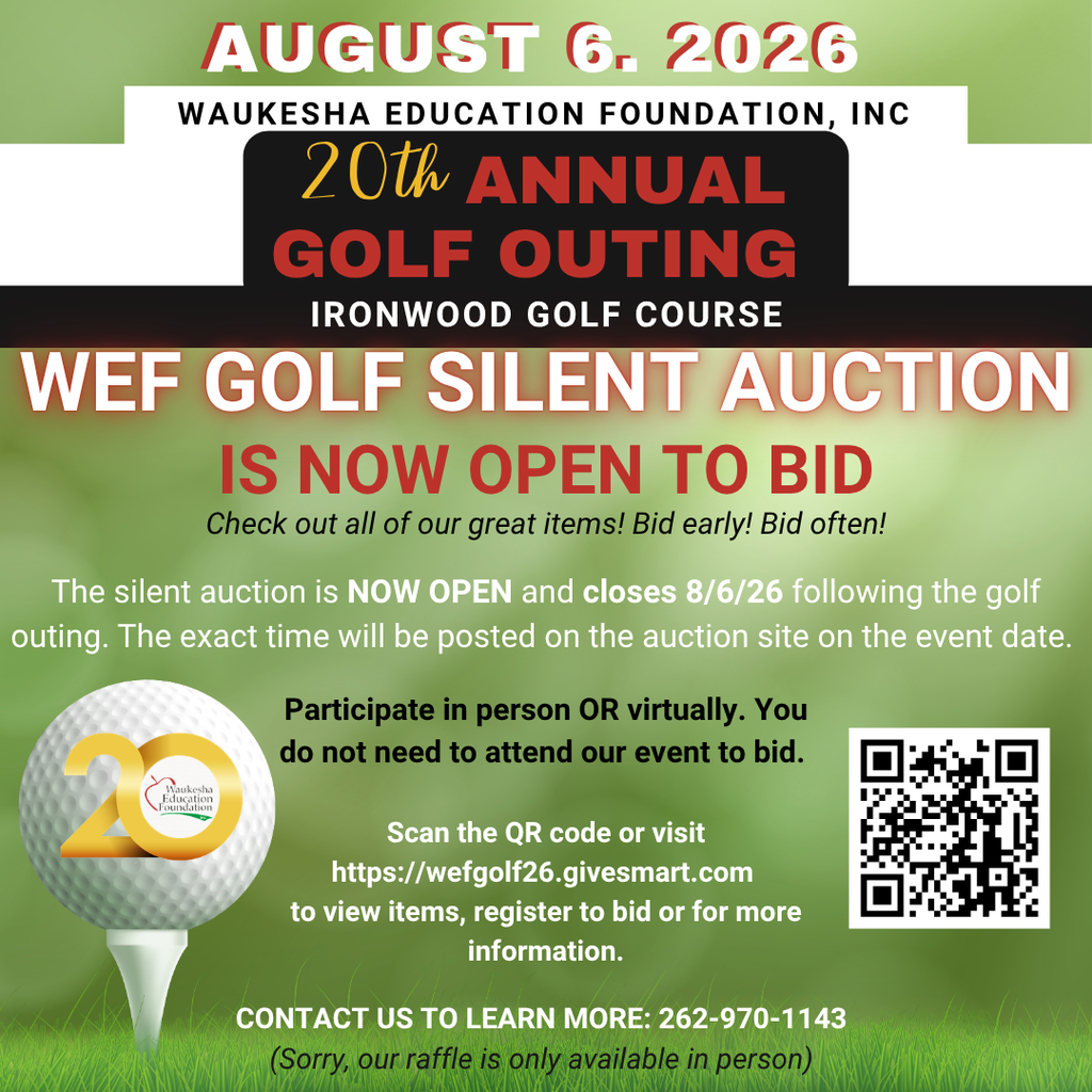 Advertisement for 20th annual golf outing and silent auction by Waukesha Education Foundation, Inc. on August 6, 2026.