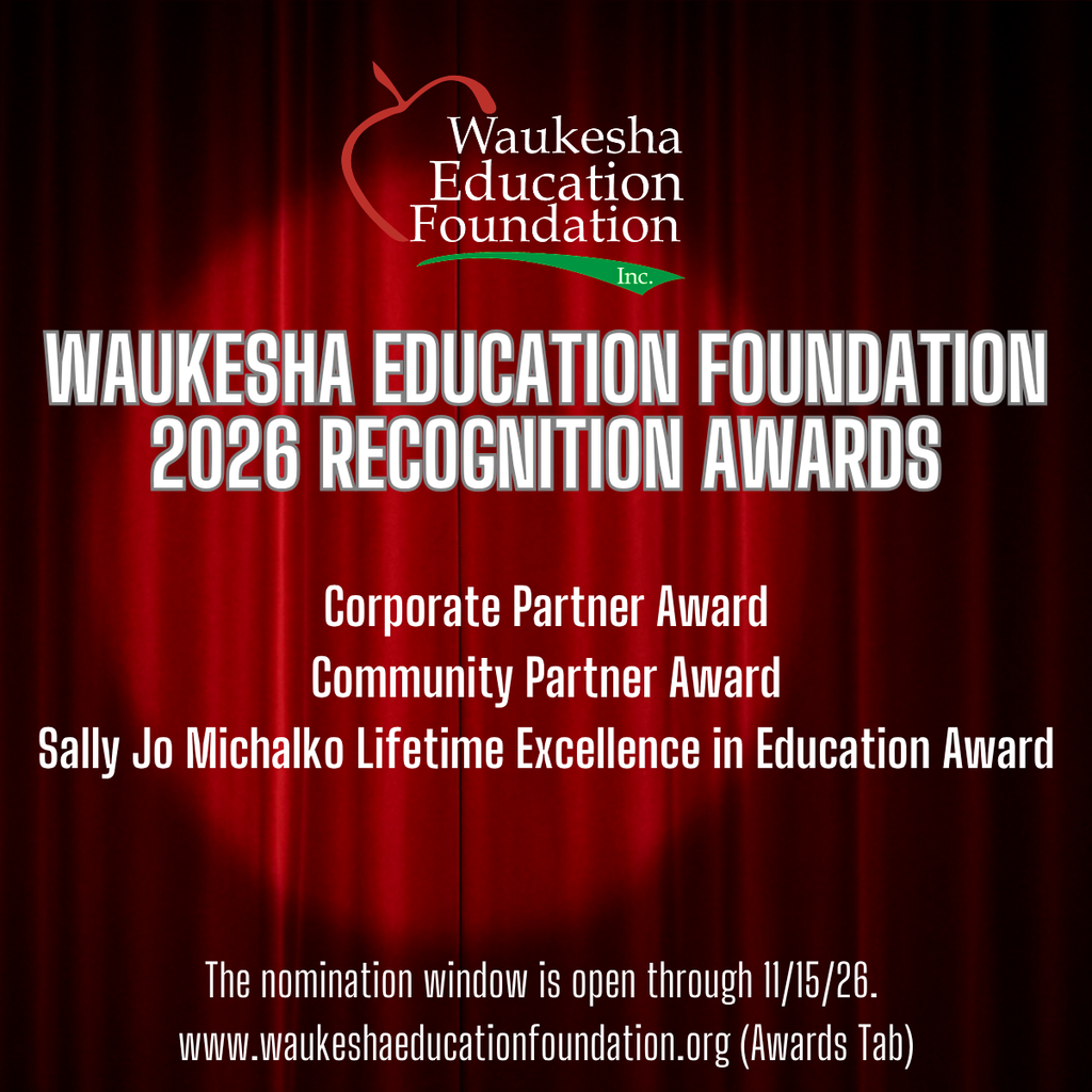 A red curtain backdrop displays the 2026 Recognition Awards from the Waukesha Education Foundation, including Corporate Partner, Community Partner, and Lifetime Excellence in Education Awards.