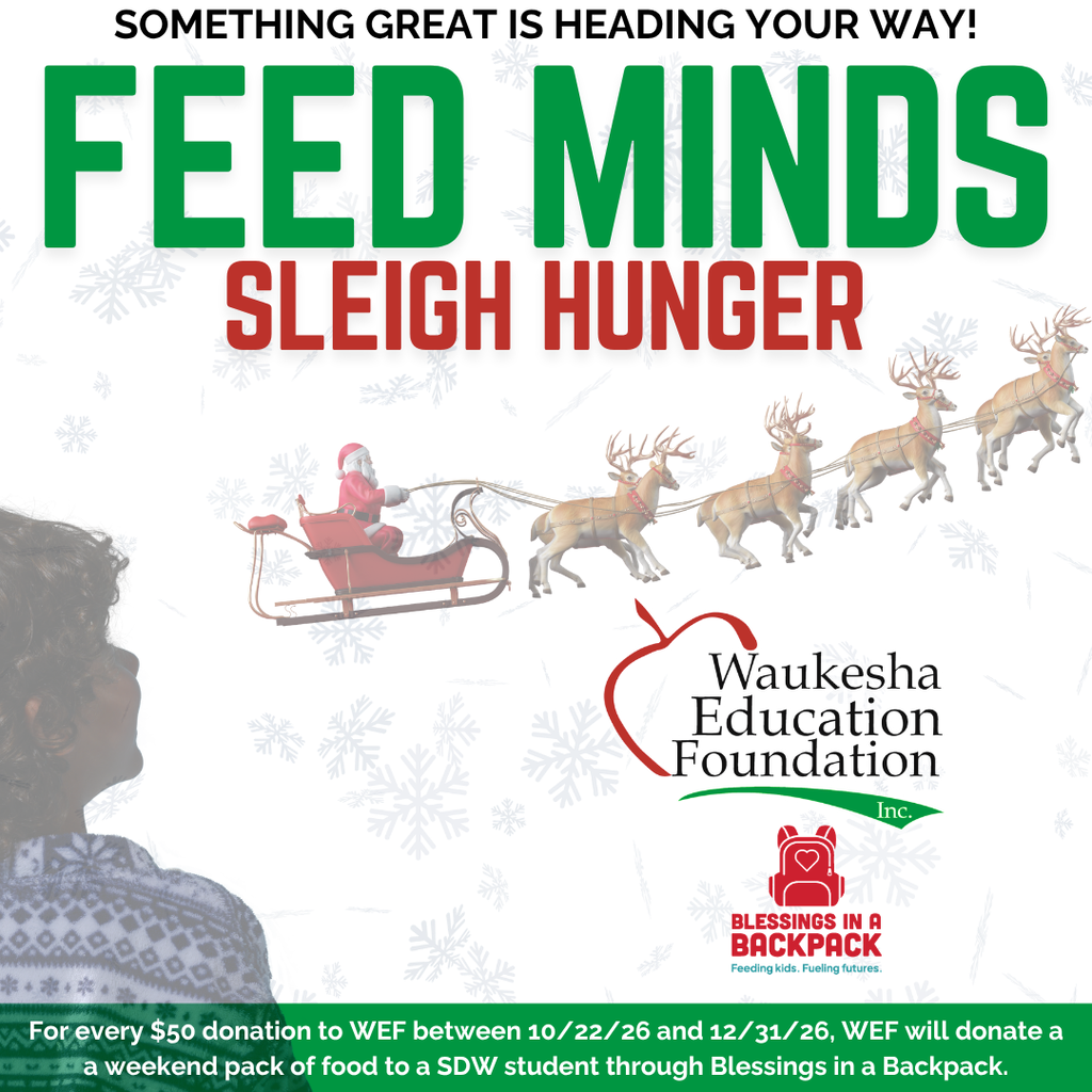 Advertisement for Feed Minds sleigh hunger, featuring a child watching Santa's sleigh, text, and logo for Waukesha Education Foundation.