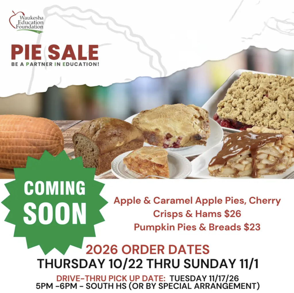 Advertisement for pie sale with pictures of pies. Includes pie types, pricing, and order dates.