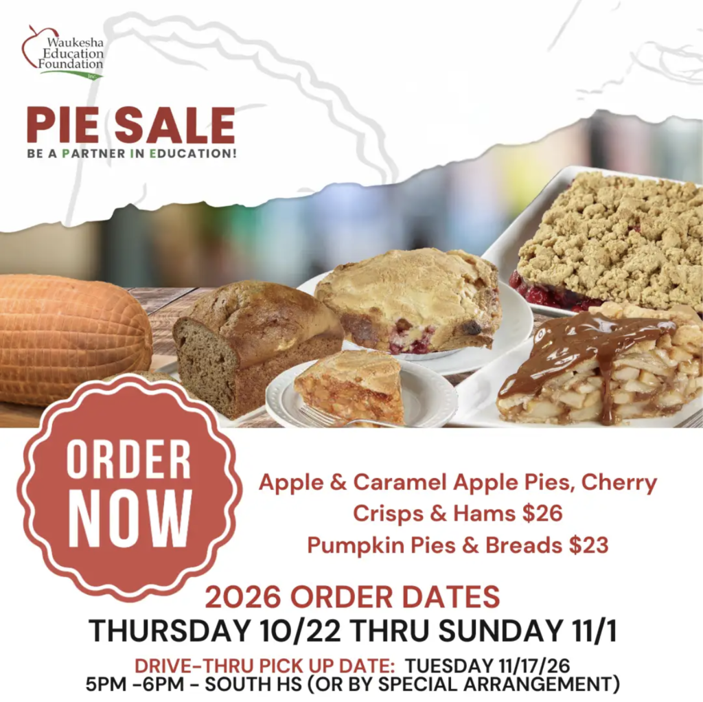 A flyer for a pie sale. Various baked goods displayed. Order dates listed. Background of blurred shapes.