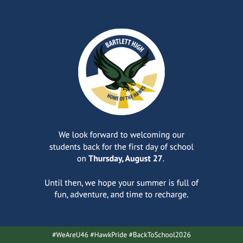 Blue background with white and yellow circle logo of a bird. Text reads: "We look forward to welcoming our students back for the first day of school on Thursday, August 27."