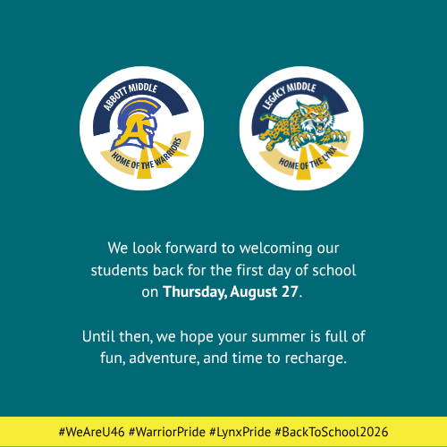 Green background with logos and text. Logos: Abbott Middle and Leakey Middle. Text: Welcoming students back for the first day of school on August 27.