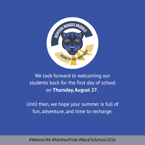 Blue background with a white circle logo. The logo features a blue panther. Text reads: "We look forward to welcoming our students back for the first day of school on Thursday, August 27."