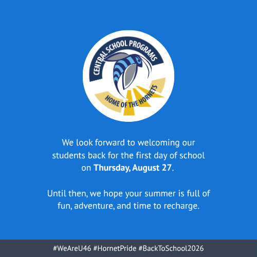 Blue background with a white circle and a hornet logo. Text reads: "We look forward to welcoming our students..."