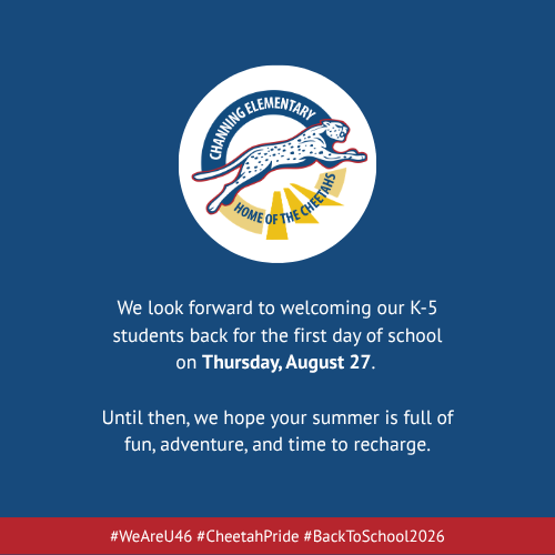 A blue background with a white circle logo. The logo has a leaping cheetah, "Canning Elementary" text, and "Home of the Cheetahs." Below it, a message welcomes students for the first day of school.