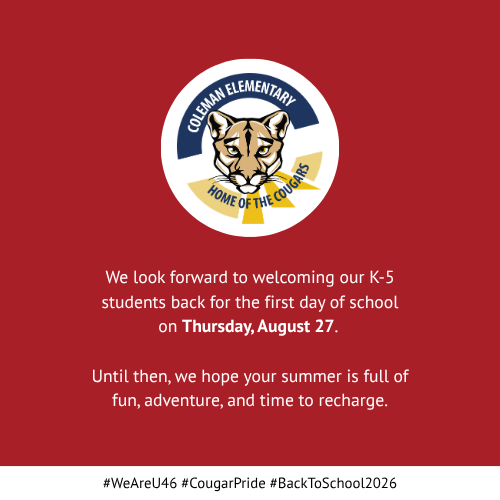 Red background with white text. An emblem features a cougar. Text reads: "We look forward to welcoming our K-5 students..."