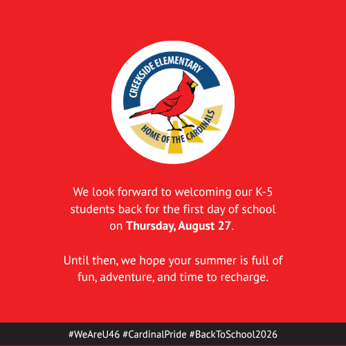 A red backdrop with a white circle logo featuring a red cardinal and text reading "Creekside Elementary Home of the Cardinals".