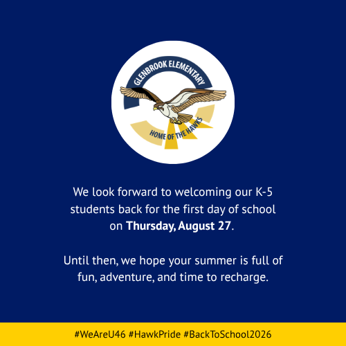 Blue and yellow background with a school logo and an eagle. Text reads "We look forward to welcoming our K-5 students on Thursday, August 27."