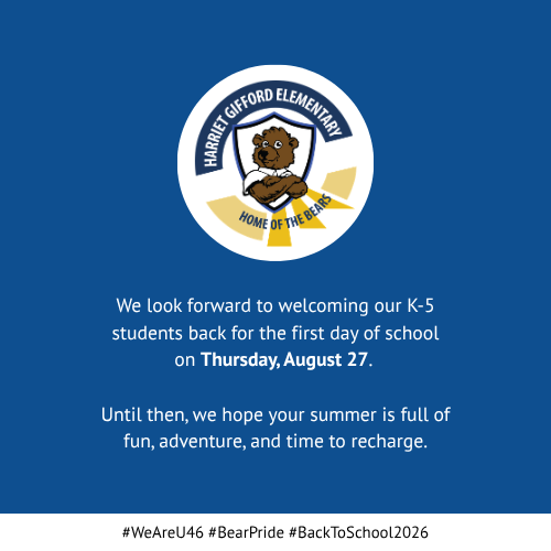 Circular logo with a bear, text, and shield. Blue background. Information about the first day of school.
