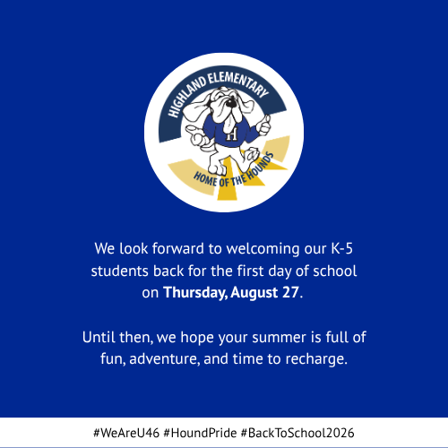 A blue background with a white circle logo. The logo features a mascot and text. Below, a message welcomes students back to school on August 27.