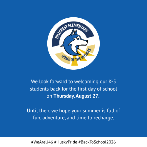 Blue and white background. A blue dog logo at the top. Text reads: "We look forward to welcoming our K-5 students back on Thursday, August 27."
