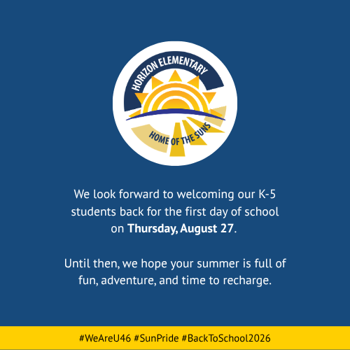Blue background with a white circular logo. Logo features a sun and text "Horizon Elementary, Home of the Sun". Text: "We look forward to welcoming our K-5 students..."