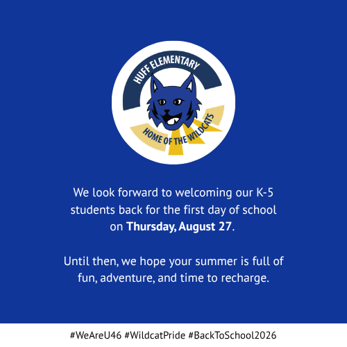 Blue background with a school emblem of a blue cat. Text reads, "We look forward to welcoming our K-5 students back for the first day of school on Thursday, August 27."