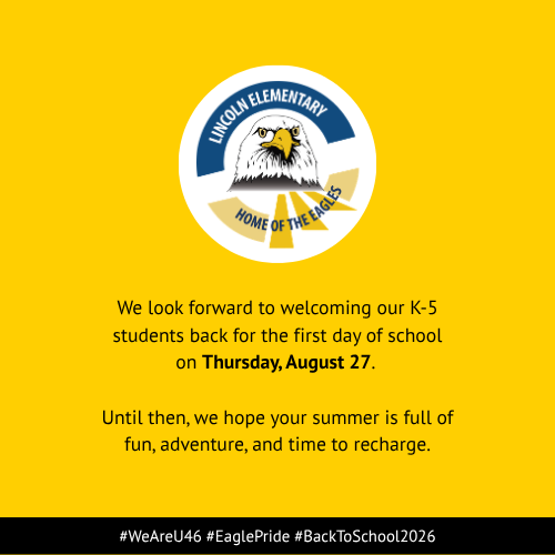 Yellow background with a circular emblem of an eagle. Text reads: "We look forward to welcoming our K-5 students..."