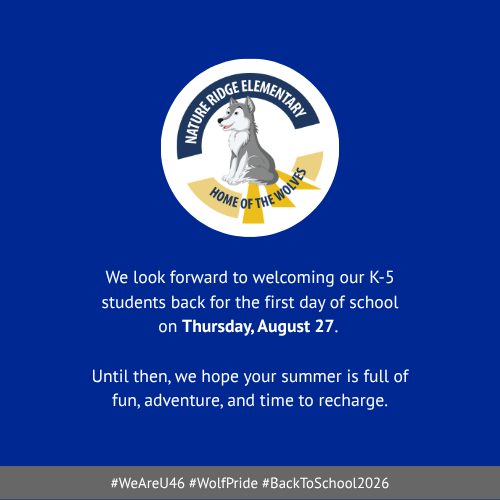 Blue background with a logo featuring a wolf. Text: "We look forward to welcoming our K-5 students back..."