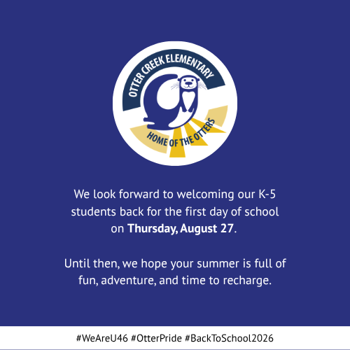 An image features a blue background with a circular logo depicting a sea otter. Text reads "We look forward to welcoming our K-5 students..."