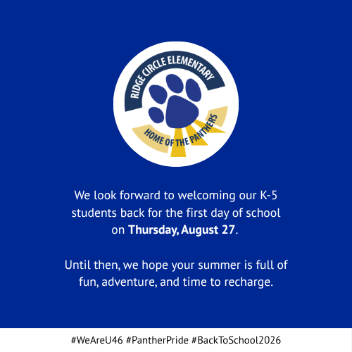 Blue background with white text and a logo. Logo features a paw print with text. Text reads welcoming K-5 students on August 27.