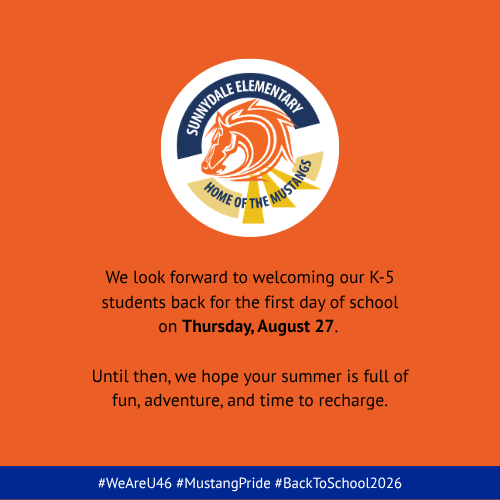 Orange background with white text. A logo displays an orange horse with the words "Sunndale Elementary Home of the Mustangs".