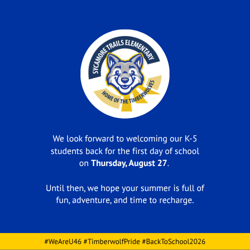 Blue and yellow background with a logo of a wolf. Text reads: "We look forward to welcoming our K-5 students back..."