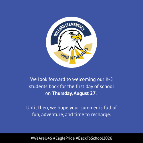 Blue background with white circle logo featuring an eagle. Text reads, "We look forward to welcoming our K-5 students on August 27."