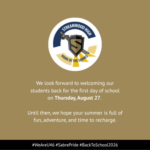 A banner with a sword emblem, text "STREAMWOOD HIGH", and message welcoming students back for school on August 27.
